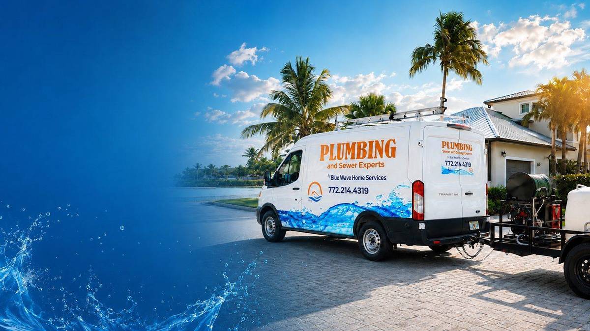 Blue Wave Home Services van at a Palm City waterfront home